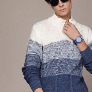 Men Cable Knit Colourblocked Pullover