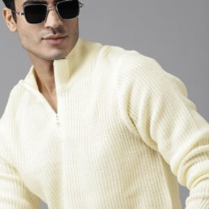 Men Cream-Coloured Self-Striped Pullover