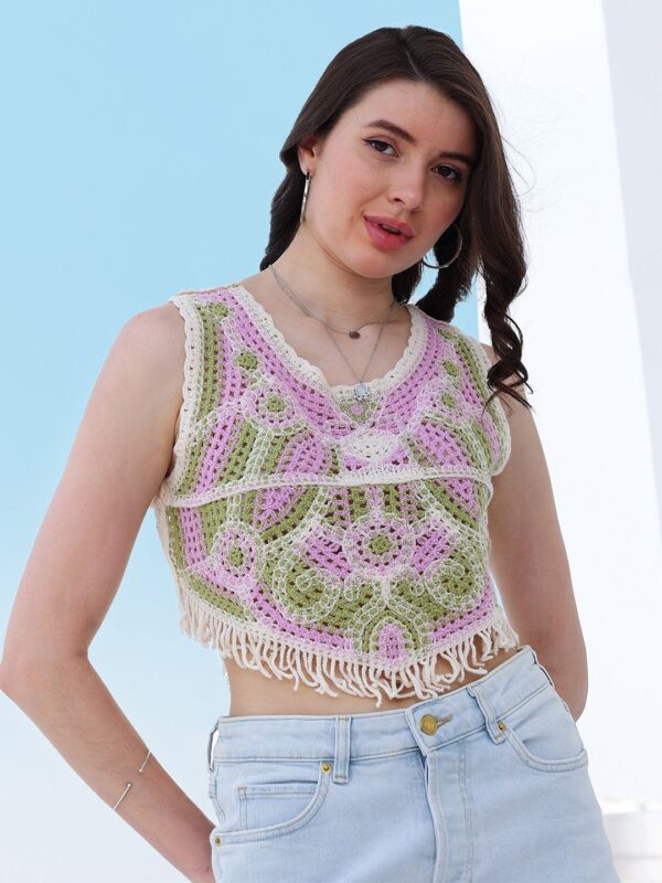 Self Design Fringed Crochet Cotton Top - Image 2