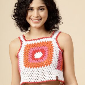Shoulder Straps Sleeveless Floral Print Cotton Crochet Crop Top