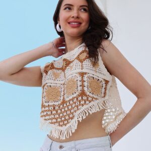 Self Design Fringed Crochet Cotton Top