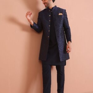 Men Self-Design Khari Print Kurta With Indowestern Sherwani & Trouser