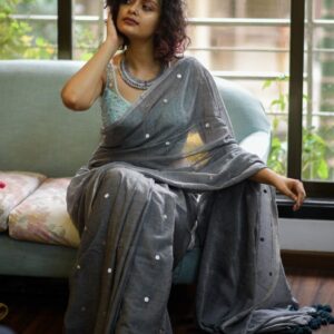 Grey Embellished Sequinned Pure Cotton Saree