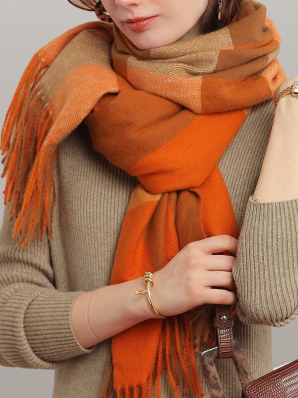 Women Orange & Brown Checked Scarf - Image 3
