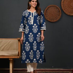 Floral Printed Notch-Neck Straight Kurta