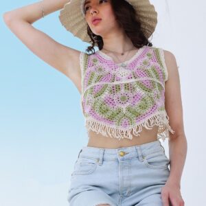 Self Design Fringed Crochet Cotton Top