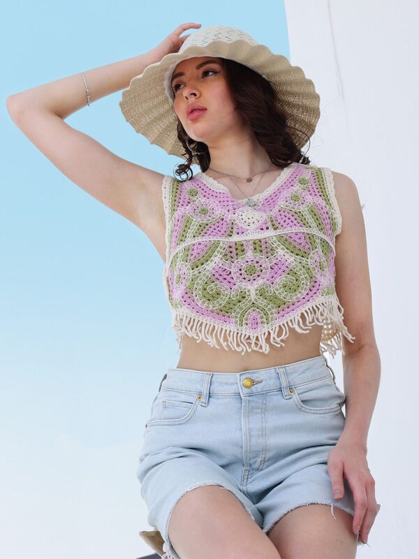 Self Design Fringed Crochet Cotton Top