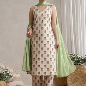 Floral Printed V-Neck Pure Cotton Kurta With Palazzos And Dupatta